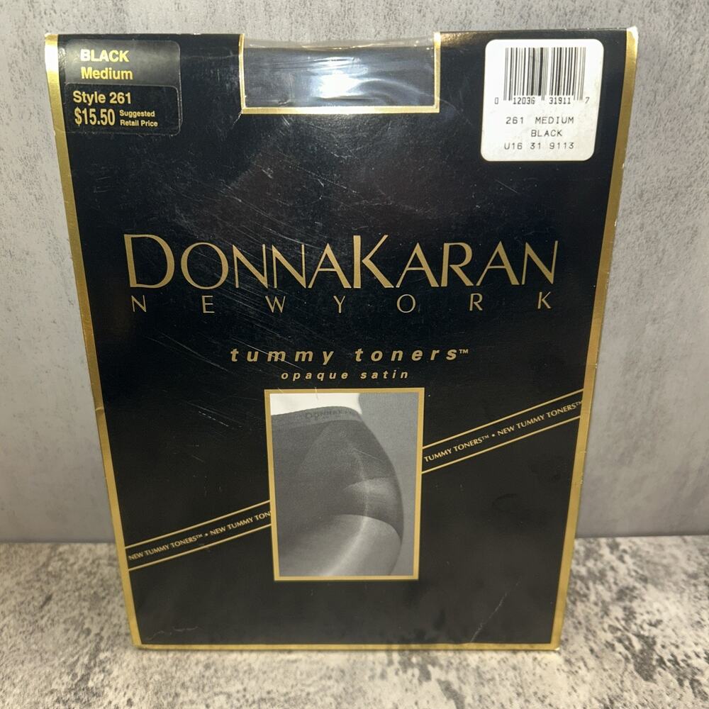 Vintage Donna Karen Pantyhose Tummy Toner Black MEDIUM Style 261 Opaque Satin